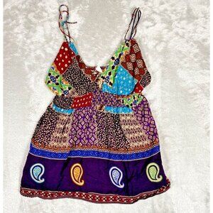 Boho Patchwork Paisley /Top - V-Neck Sleeveless, Multicolor Festival Style L